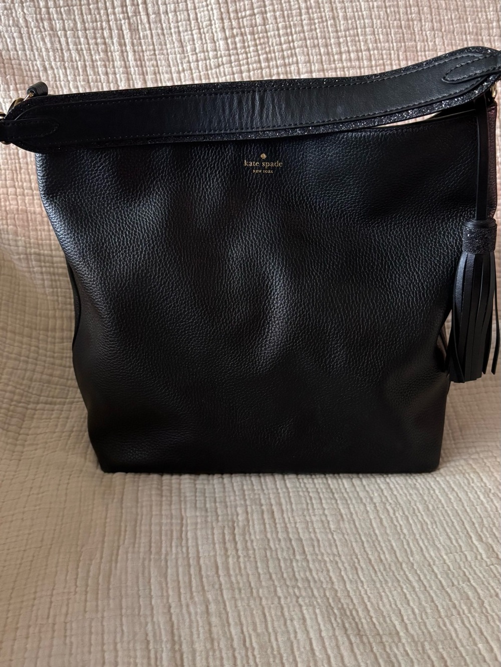 kate spade Black Pebbled Leather Shoulder Bag with Tassel